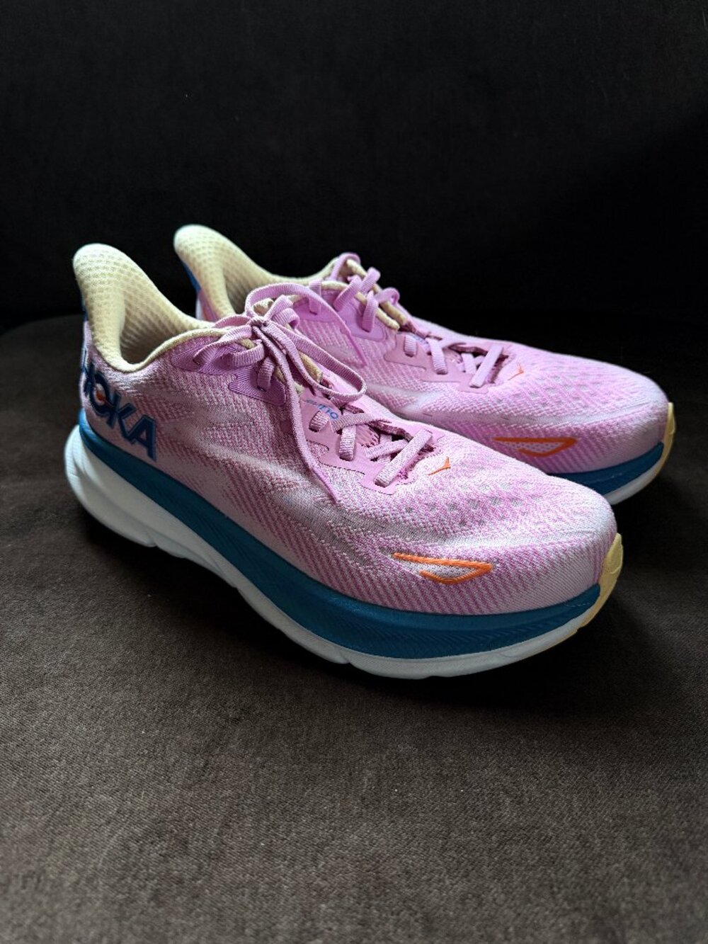 Mint Condition HOKA One One Clifton 9 Womens 9 D wide 41 1/3 EUR Pink Blue Yello